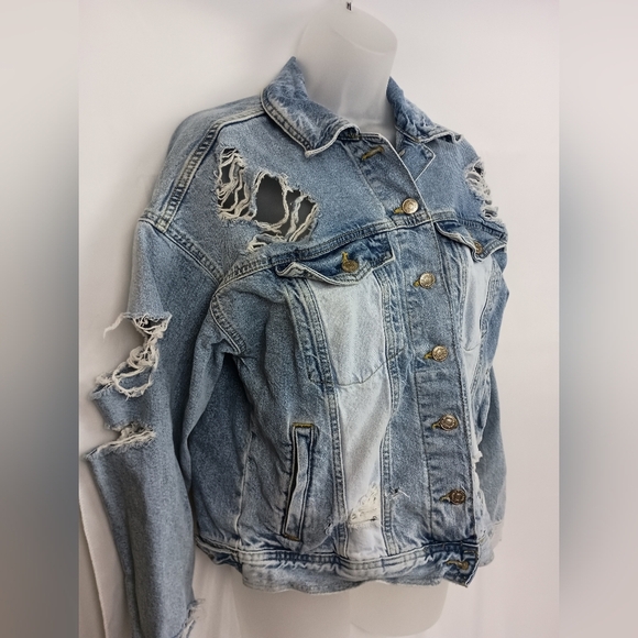 FOREVER 21 Distressed Thrash Grunge Patchwork Denim Relaxed Jacket (#1,376)(C) - Picture 6 of 10